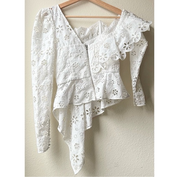 SELF-PORTRAIT White Asymmetric Floral Embroidered Eyelet Broderie Top Sz 0 - Picture 9 of 16